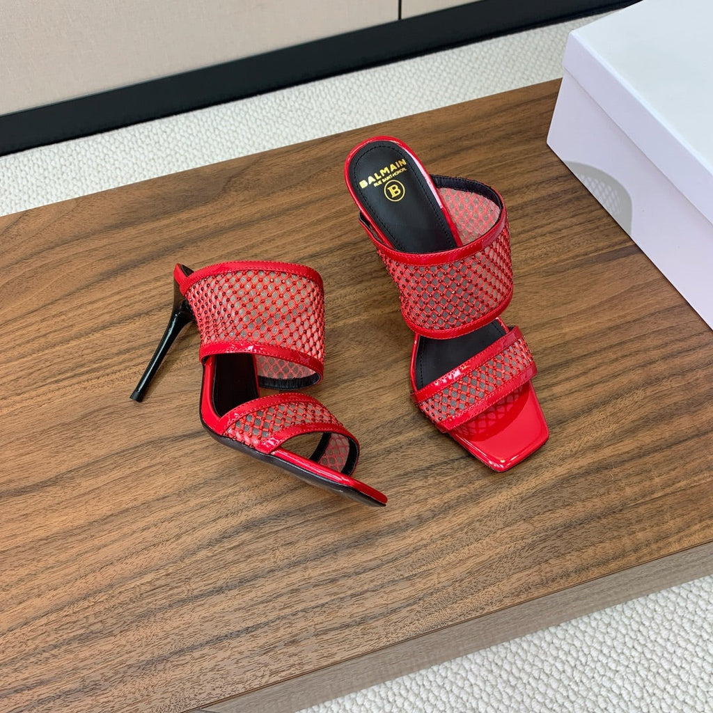 BALMAIN 26S HEEL SANDALS 95 MM IN RED MESH FABRIC WITH CRYSTAL EMBELLISHMENT