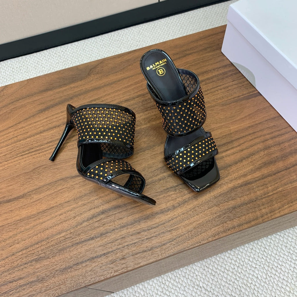 BALMAIN 26S HEEL SANDALS 95 MM IN BLACK MESH FABRIC WITH CRYSTAL EMBELLISHMENT STYLE 1