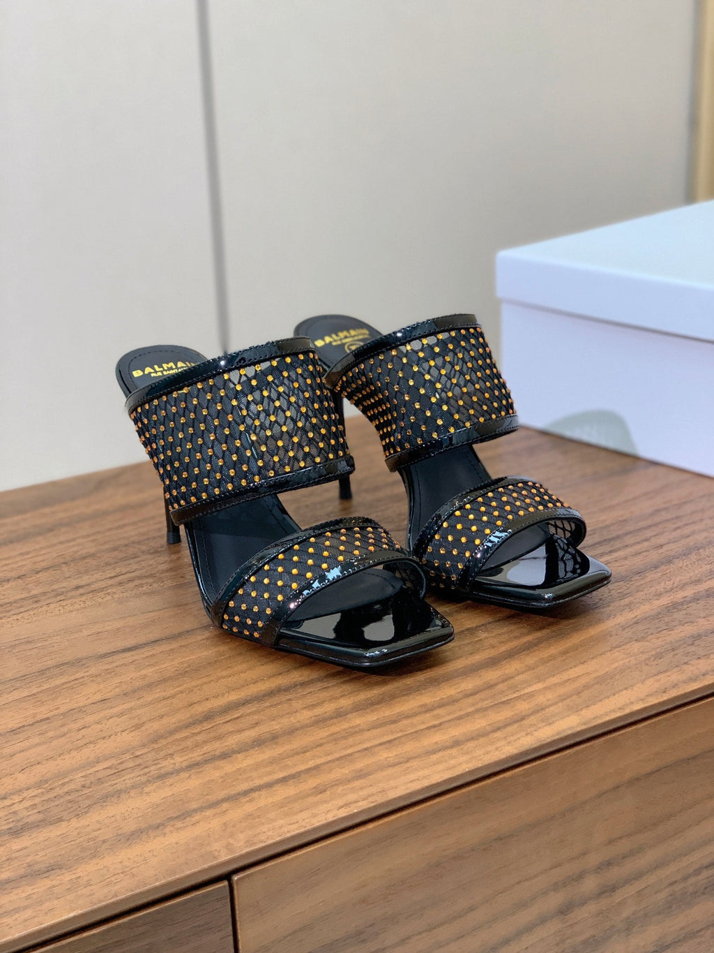 BALMAIN 26S HEEL SANDALS 95 MM IN BLACK MESH FABRIC WITH CRYSTAL EMBELLISHMENT STYLE 1