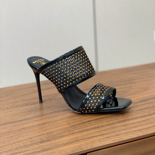 BALMAIN 26S HEEL SANDALS 95 MM IN BLACK MESH FABRIC WITH CRYSTAL EMBELLISHMENT STYLE 1