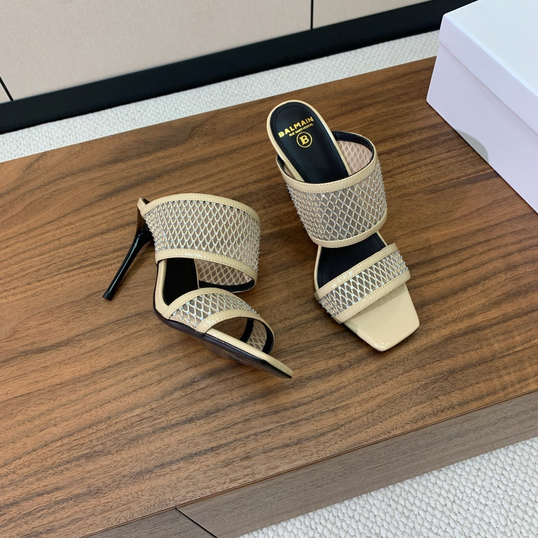 BALMAIN 26S HEEL SANDALS 95 MM IN BEIGE MESH FABRIC WITH CRYSTAL EMBELLISHMENT