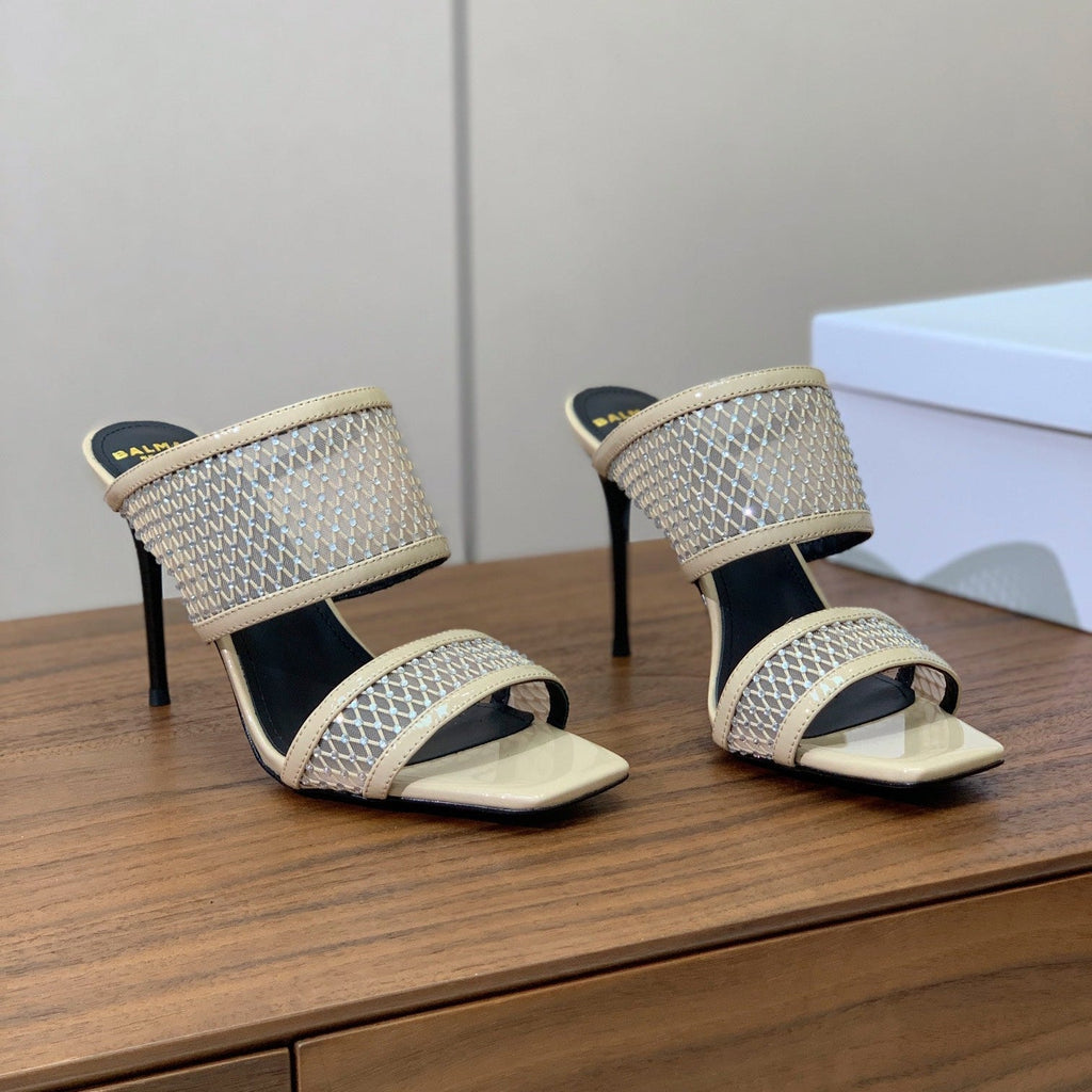 BALMAIN 26S HEEL SANDALS 95 MM IN BEIGE MESH FABRIC WITH CRYSTAL EMBELLISHMENT