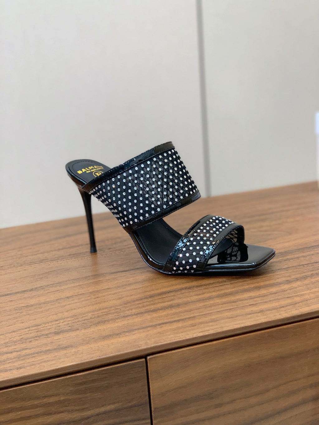 BALMAIN 26S HEEL SANDALS 95 MM IN BLACK MESH FABRIC WITH CRYSTAL EMBELLISHMENT