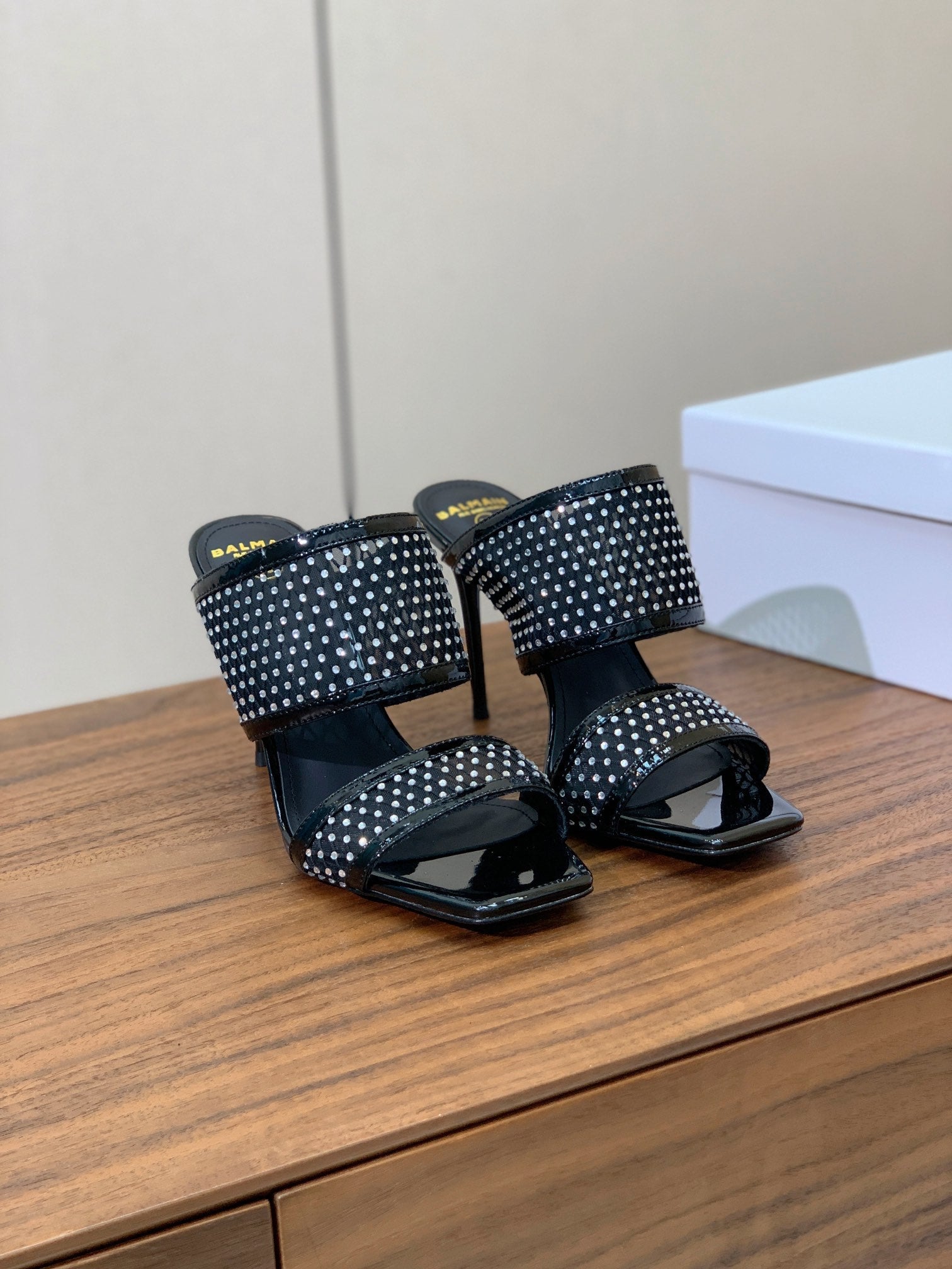 BALMAIN 26S HEEL SANDALS 95 MM IN BLACK MESH FABRIC WITH CRYSTAL EMBELLISHMENT