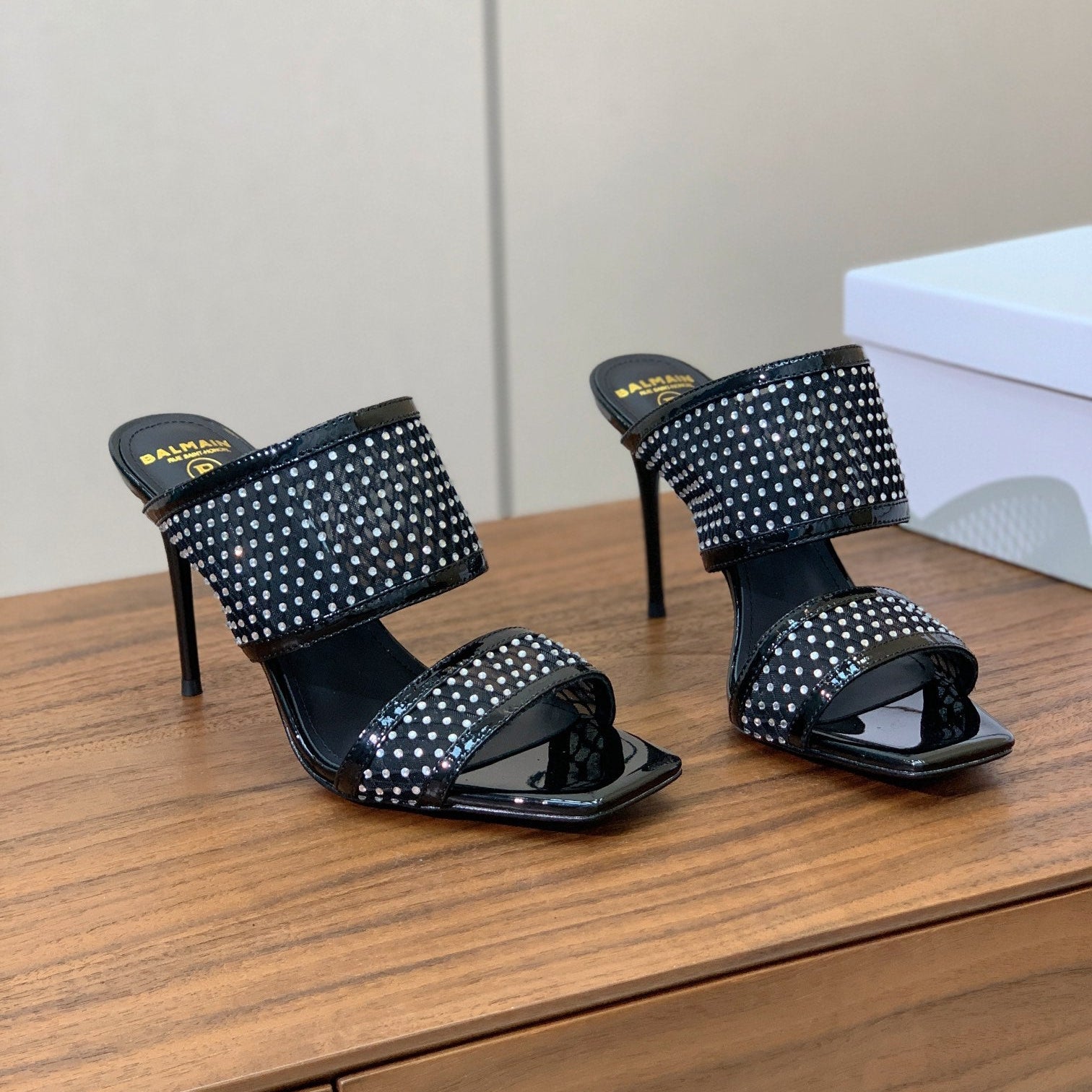 BALMAIN 26S HEEL SANDALS 95 MM IN BLACK MESH FABRIC WITH CRYSTAL EMBELLISHMENT