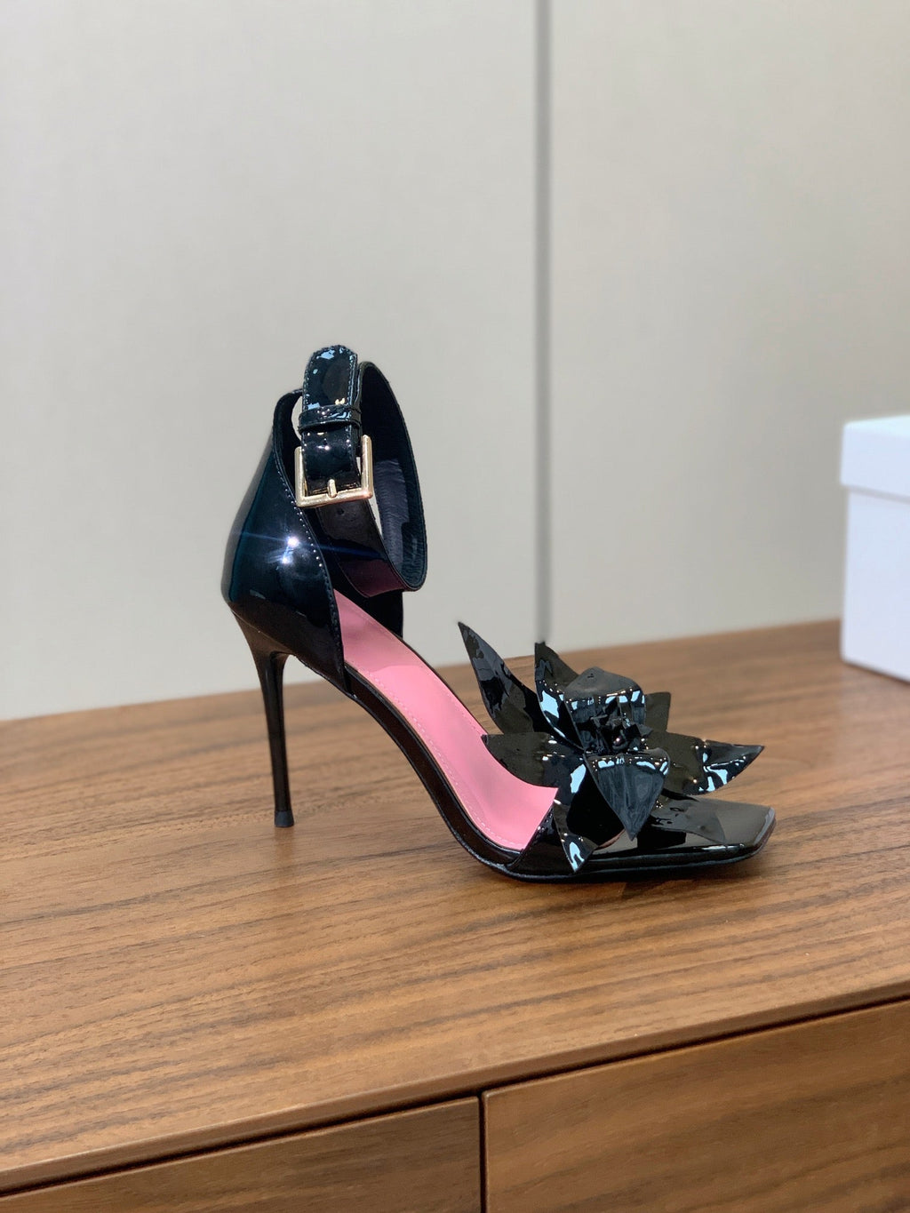 BALMAIN 25S RUBY BLACK HEELED SANDALS 95MM IN PATENT CALFSKIN