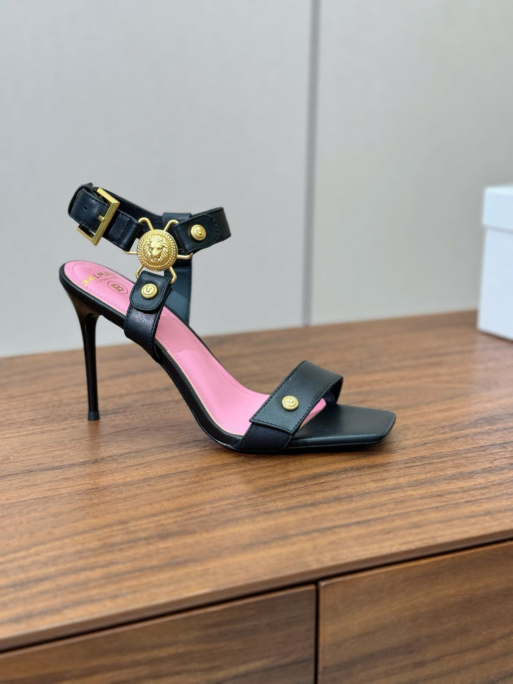 BALMAIN 25S HEELED EVA SANDALS 95MM IN BLACK AND PINK CALFSKIN