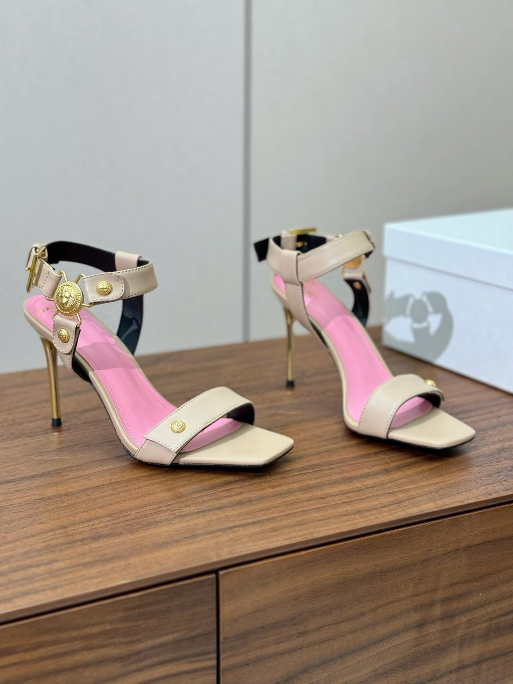 BALMAIN 25S HEELED EVA SANDALS 95MM IN BEIGE AND PINK CALFSKIN