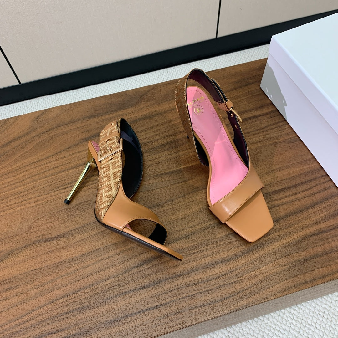 BALMAIN 25S JACQUARD KNIT SLINGBACK PUMPS 95MM IN BROWN AND PINK CALFSKIN