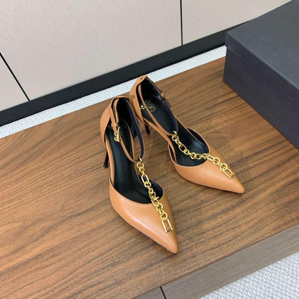 BALMAIN 26S CHAIN HIGH HEELS 95 MM IN LIGHT BROWN CALFSKIN