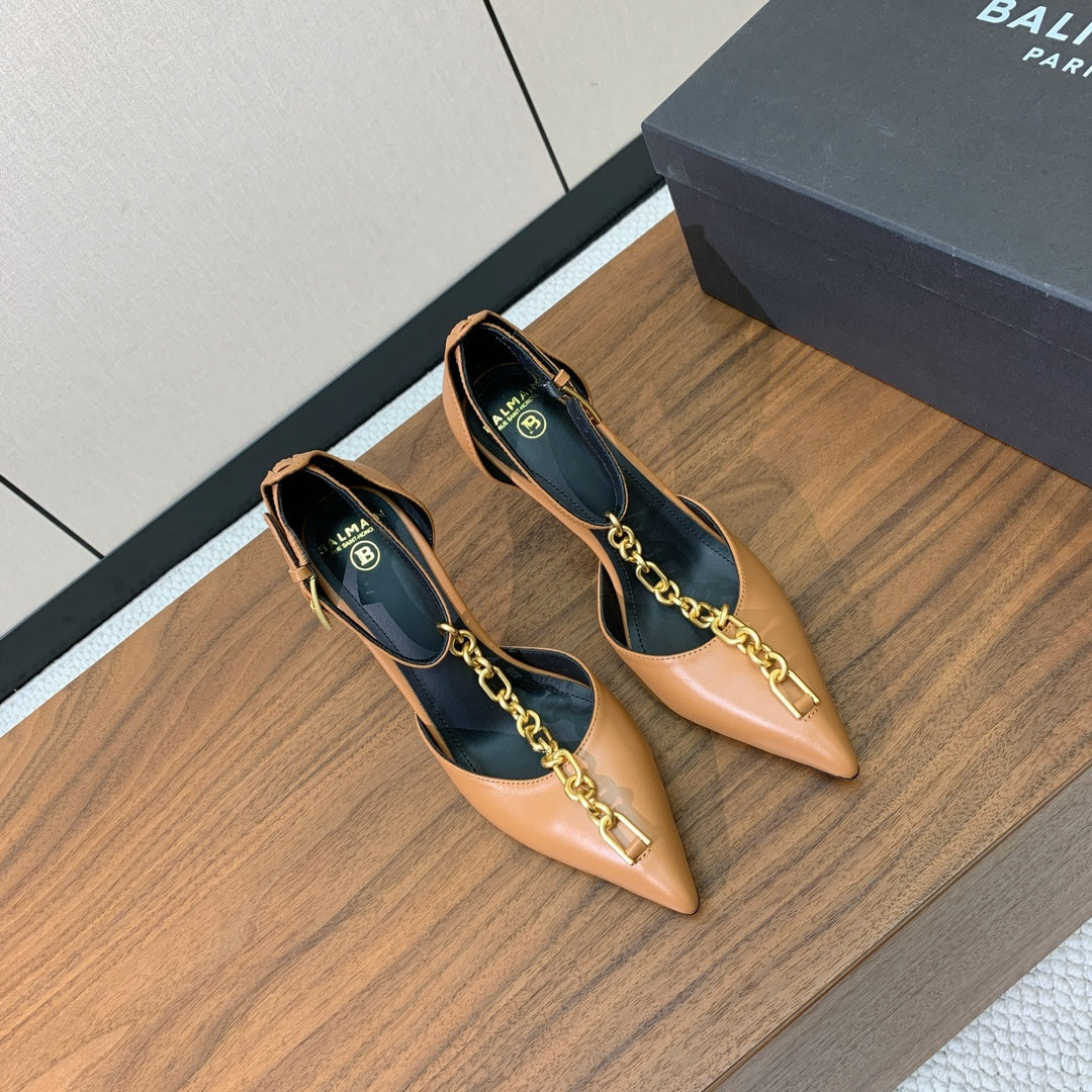 BALMAIN 26S CHAIN HIGH HEELS 95 MM IN LIGHT BROWN CALFSKIN