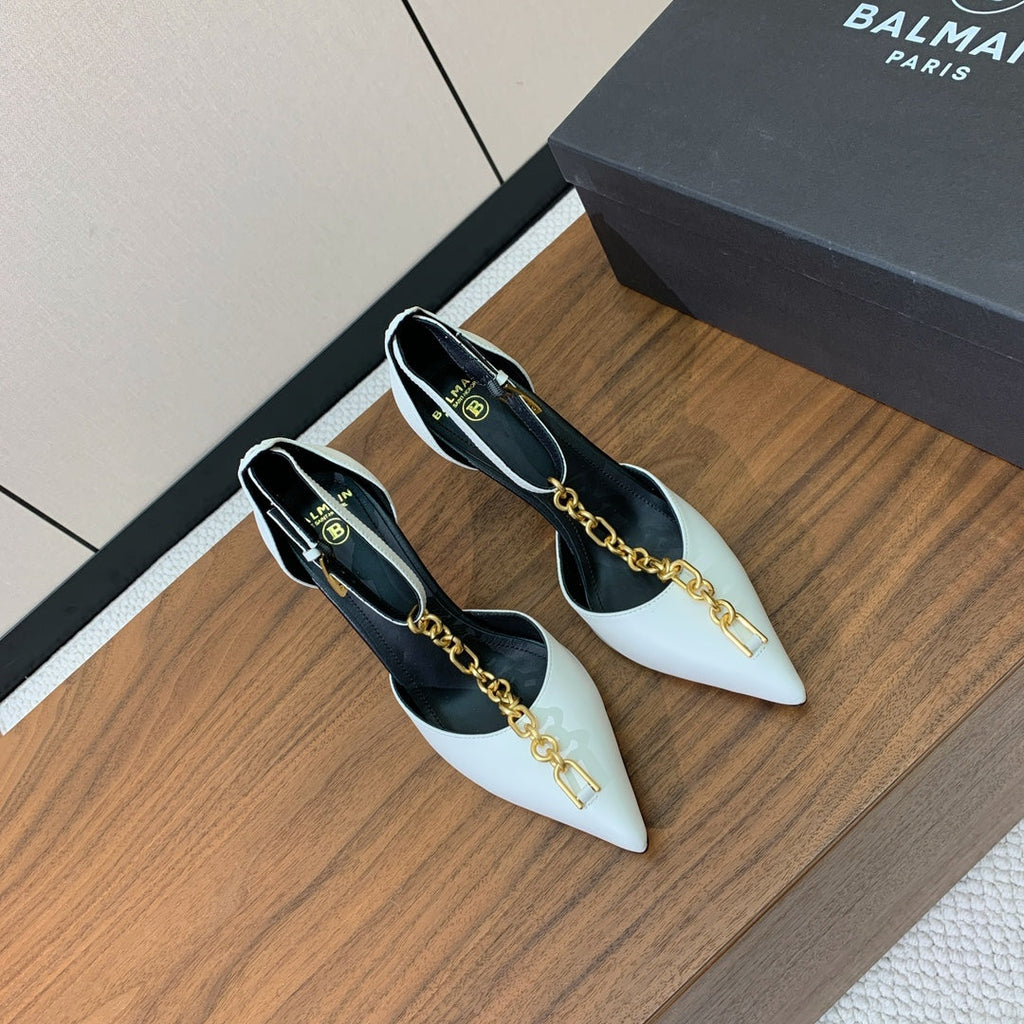 BALMAIN 26S CHAIN HIGH HEELS 95 MM IN WHITE CALFSKIN