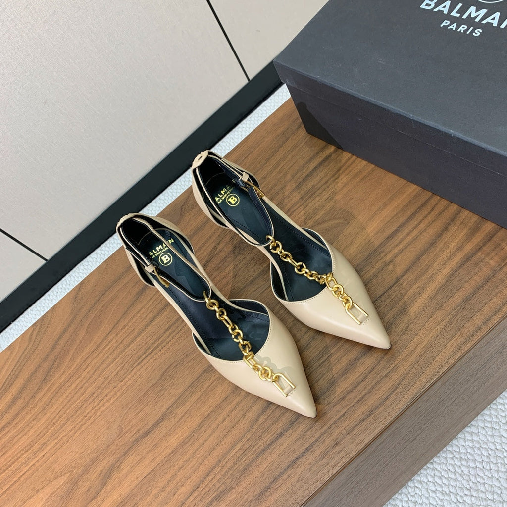 BALMAIN 26S CHAIN HIGH HEELS 95 MM IN BEIGE CALFSKIN