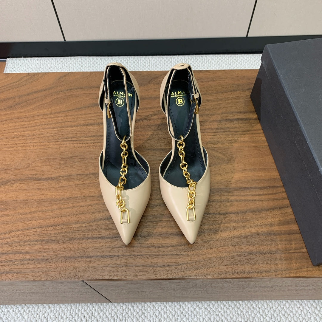 BALMAIN 26S CHAIN HIGH HEELS 95 MM IN BEIGE CALFSKIN
