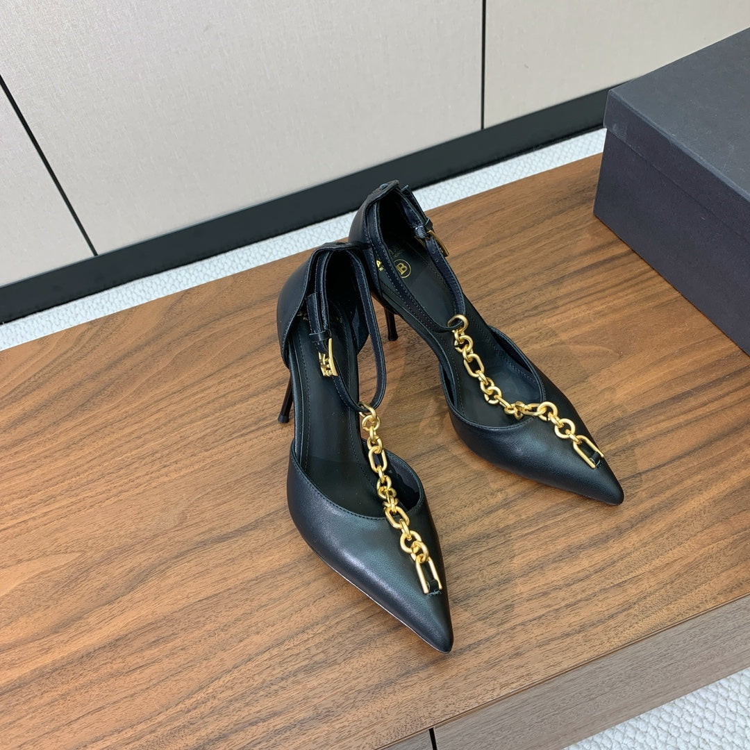 BALMAIN 26S CHAIN HIGH HEELS 95 MM IN BLACK CALFSKIN