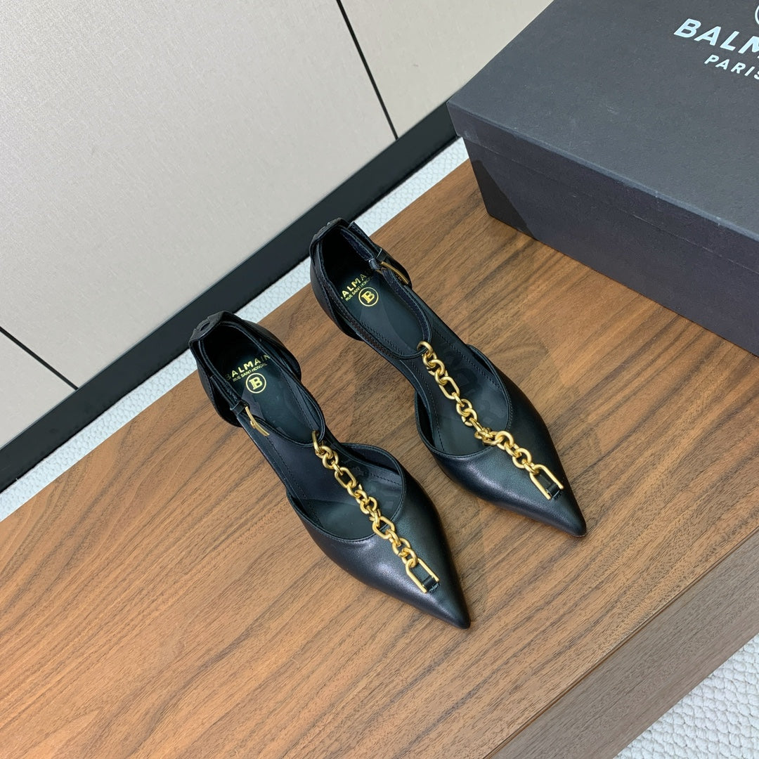 BALMAIN 26S CHAIN HIGH HEELS 95 MM IN BLACK CALFSKIN