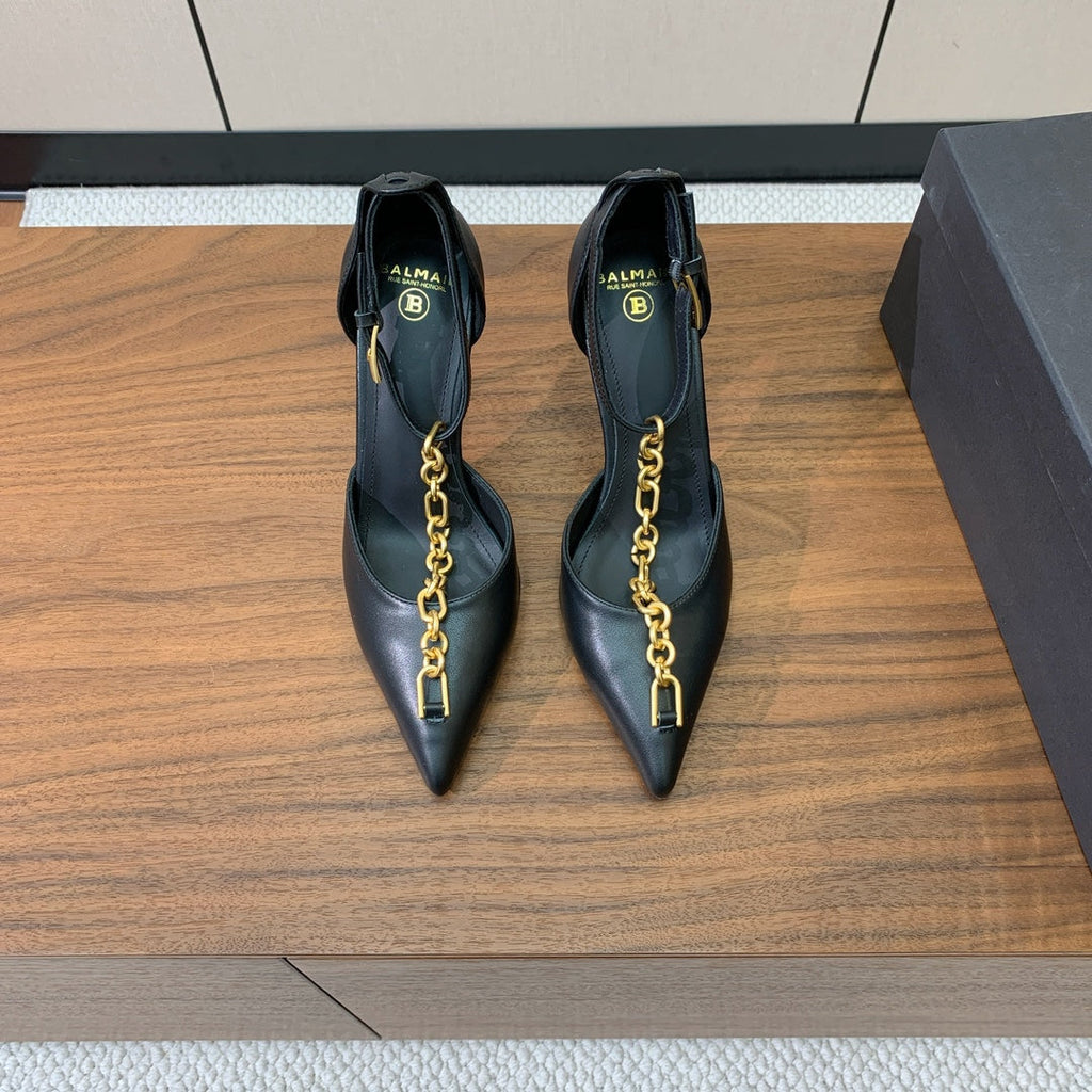 BALMAIN 26S CHAIN HIGH HEELS 95 MM IN BLACK CALFSKIN