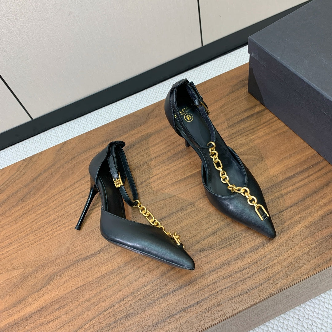 BALMAIN 26S CHAIN HIGH HEELS 95 MM IN BLACK CALFSKIN