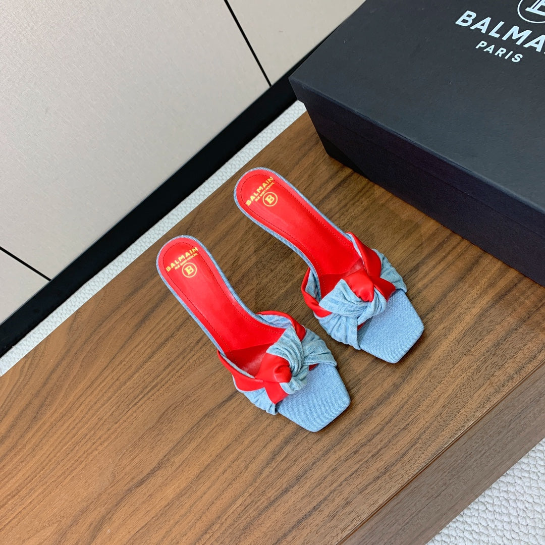 BALMAIN 25S HIGH HEEL MULES 95MM IN BRIGHT RED DENIM AND CALFSKIN