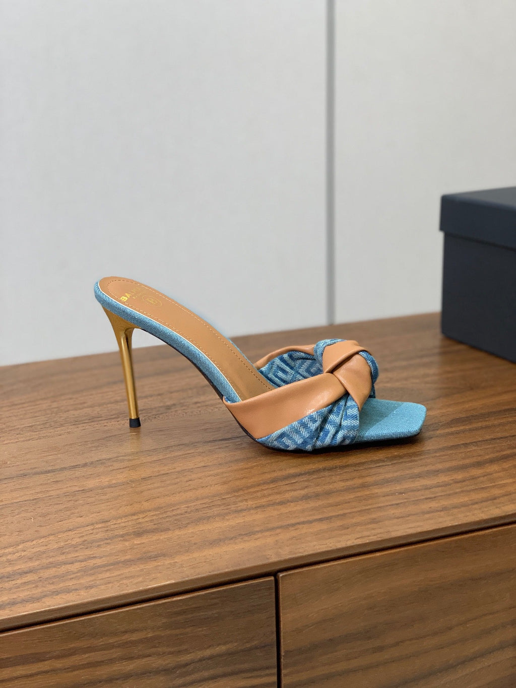 BALMAIN 25S HIGH HEEL MULES 95MM IN WARM CARAMEL DENIM AND CALFSKIN