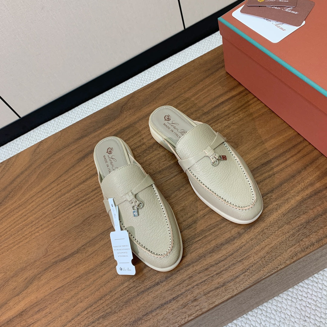 LP FLAT MULES 25S IN MOSS GRAY LAMBSKIN WITH SILVER HARDWARE