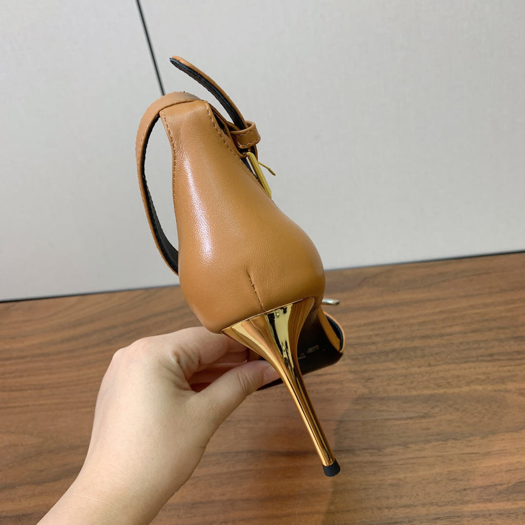 BALMAIN 26S HEELED SANDALS 95 MM IN BROWN CALFSKIN WITH GOLD HARDWARE