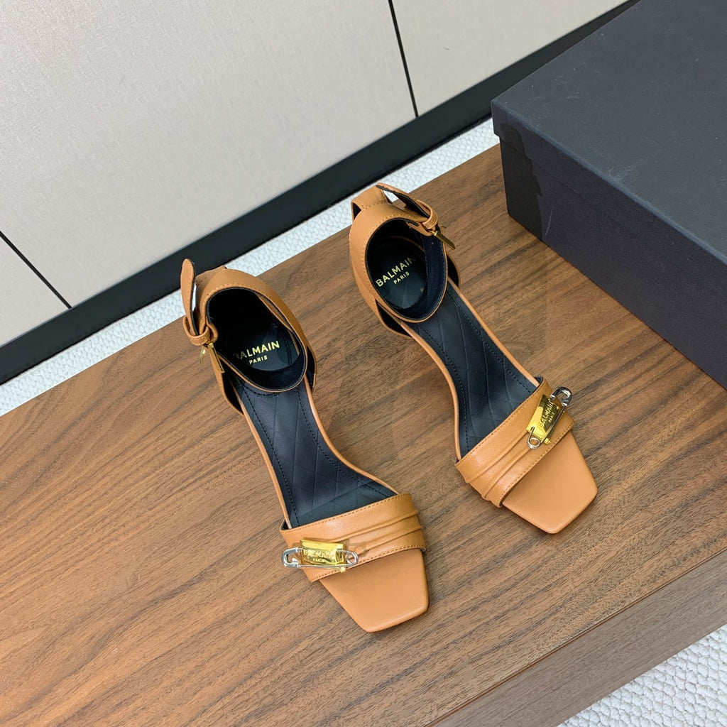 BALMAIN 26S HEELED SANDALS 95 MM IN BROWN CALFSKIN WITH GOLD HARDWARE
