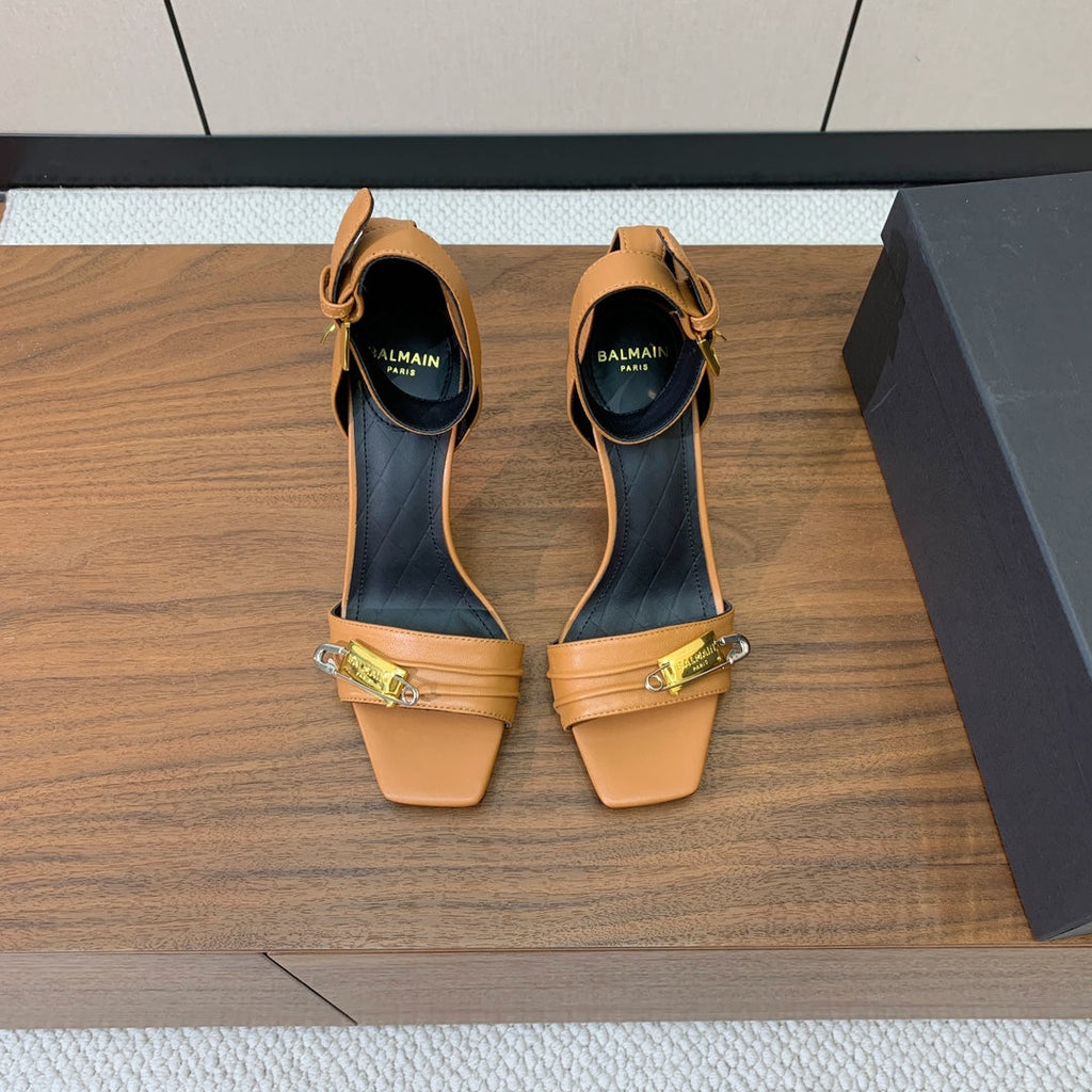 BALMAIN 26S HEELED SANDALS 95 MM IN BROWN CALFSKIN WITH GOLD HARDWARE