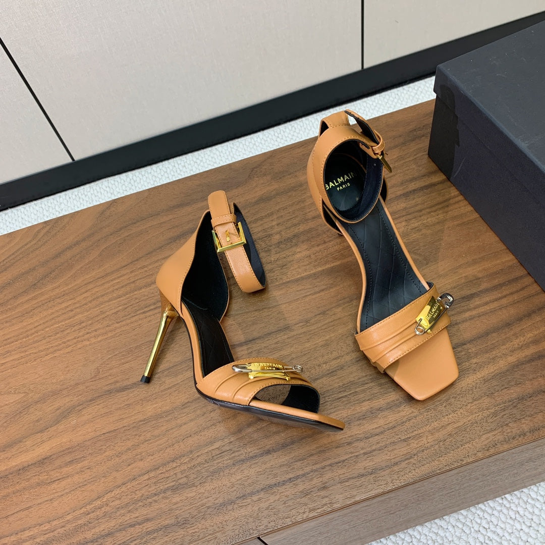 BALMAIN 26S HEELED SANDALS 95 MM IN BROWN CALFSKIN WITH GOLD HARDWARE
