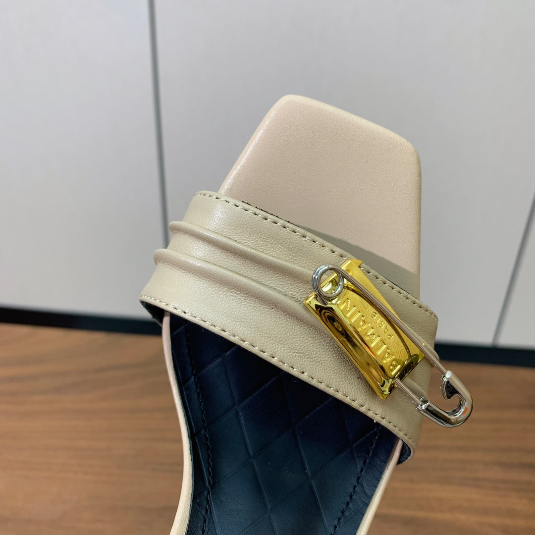 BALMAIN 26S HEELED SANDALS 95 MM IN BEIGE CALFSKIN WITH GOLD HARDWARE