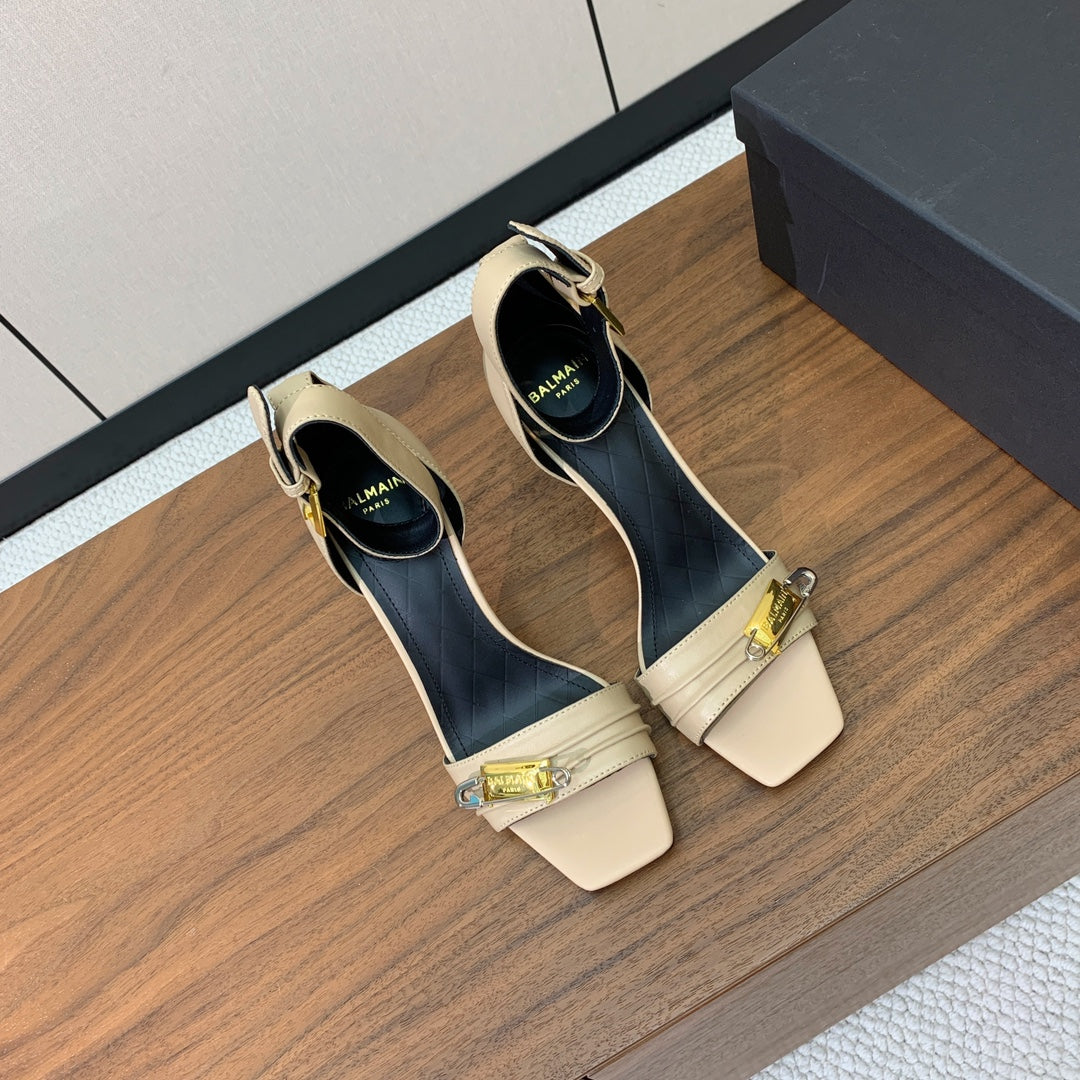 BALMAIN 26S HEELED SANDALS 95 MM IN BEIGE CALFSKIN WITH GOLD HARDWARE