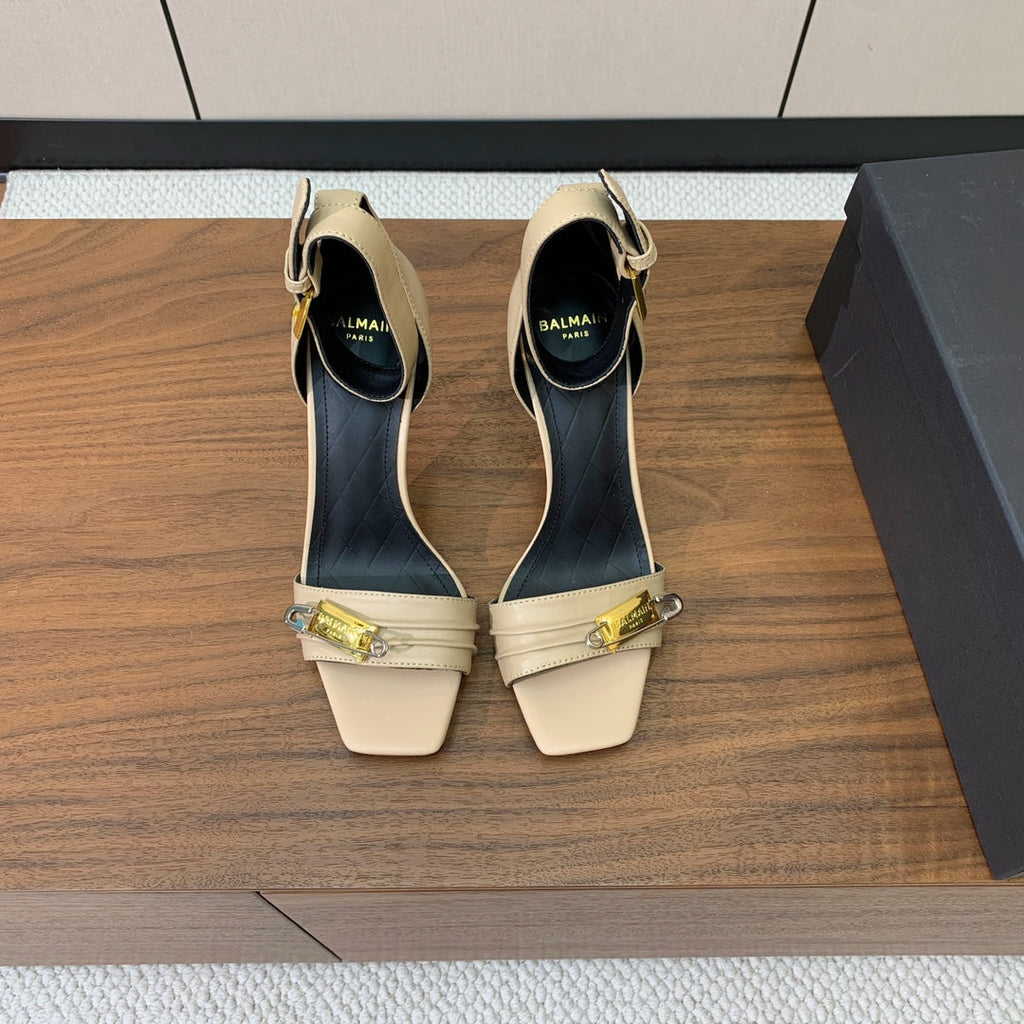 BALMAIN 26S HEELED SANDALS 95 MM IN BEIGE CALFSKIN WITH GOLD HARDWARE