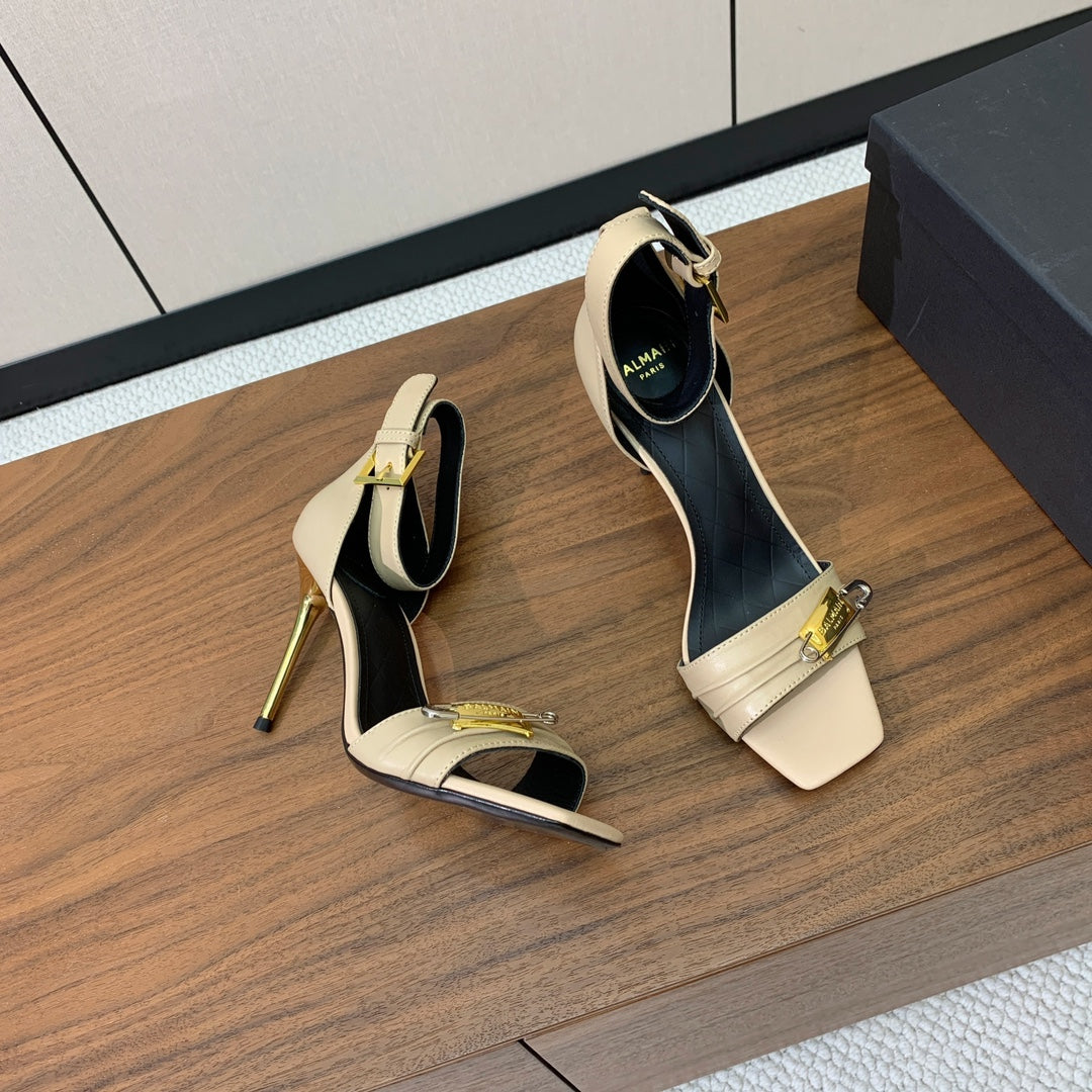 BALMAIN 26S HEELED SANDALS 95 MM IN BEIGE CALFSKIN WITH GOLD HARDWARE