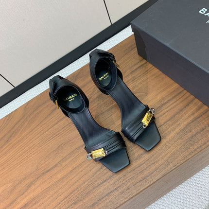 BALMAIN 26S HEELED SANDALS 95 MM IN BLACK CALFSKIN WITH GOLD HARDWARE