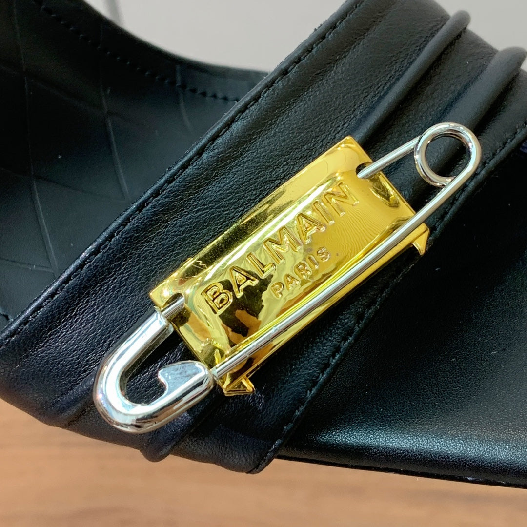 BALMAIN 26S HEELED SANDALS 95 MM IN BLACK CALFSKIN WITH GOLD HARDWARE