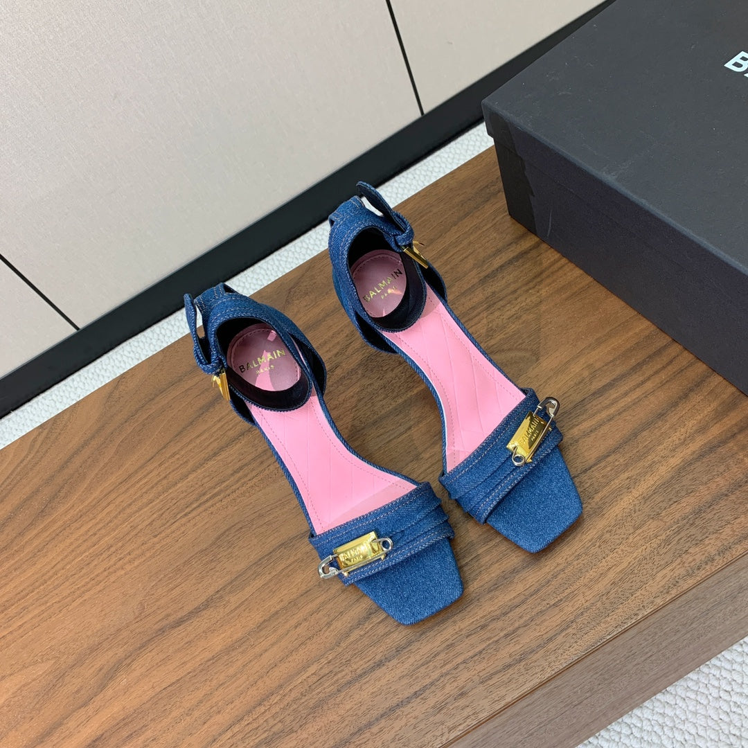 BALMAIN 26S HEELED SANDALS 95 MM IN BLUE DENIM WITH GOLD HARDWARE