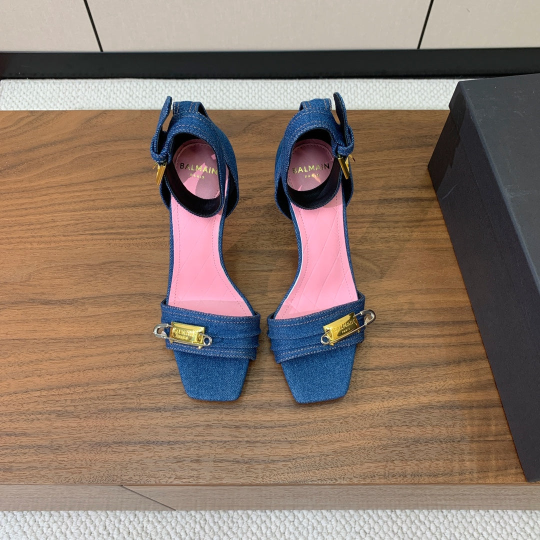 BALMAIN 26S HEELED SANDALS 95 MM IN BLUE DENIM WITH GOLD HARDWARE