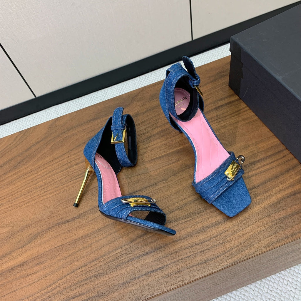 BALMAIN 26S HEELED SANDALS 95 MM IN BLUE DENIM WITH GOLD HARDWARE