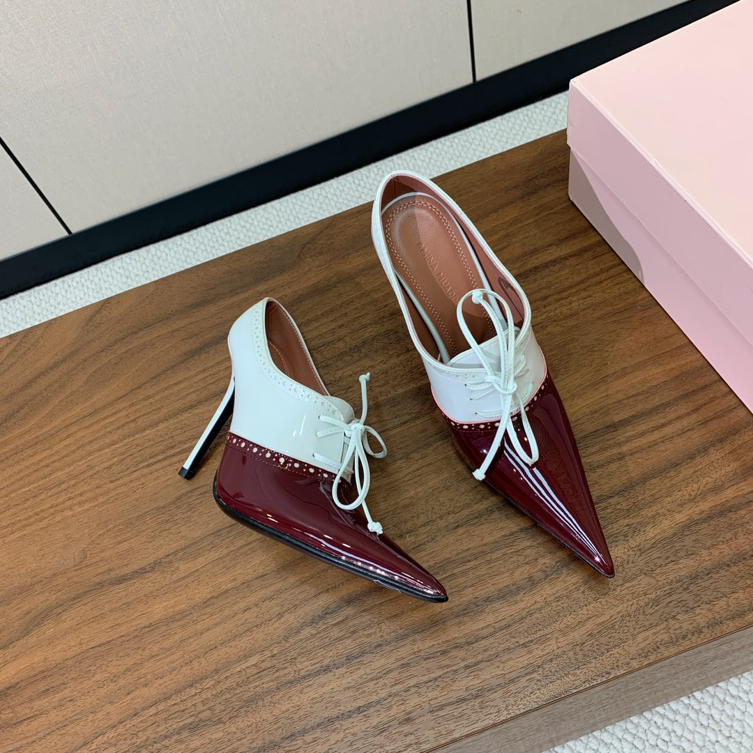 ALAIA 26S LACE-UP HEELED 105 MM IN DARK RED AND WHITE GLOSSY CALFSKIN