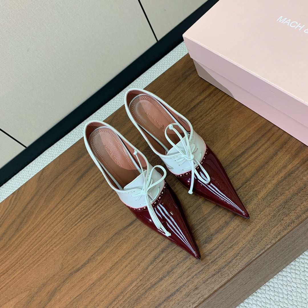 ALAIA 26S LACE-UP HEELED 105 MM IN DARK RED AND WHITE GLOSSY CALFSKIN