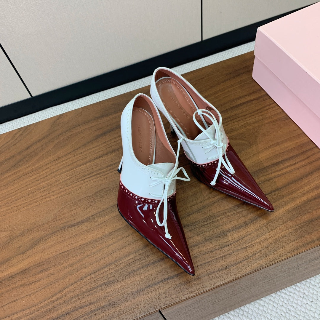 ALAIA 26S LACE-UP HEELED 105 MM IN DARK RED AND WHITE GLOSSY CALFSKIN