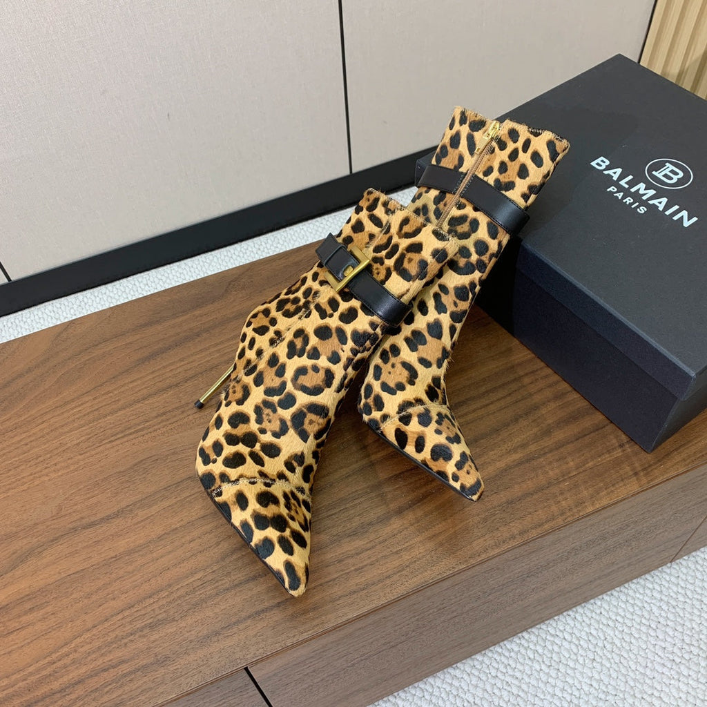 BALMAIN 26S BOOTS 95 MM IN LEOPARD PRINT PONY HAIR