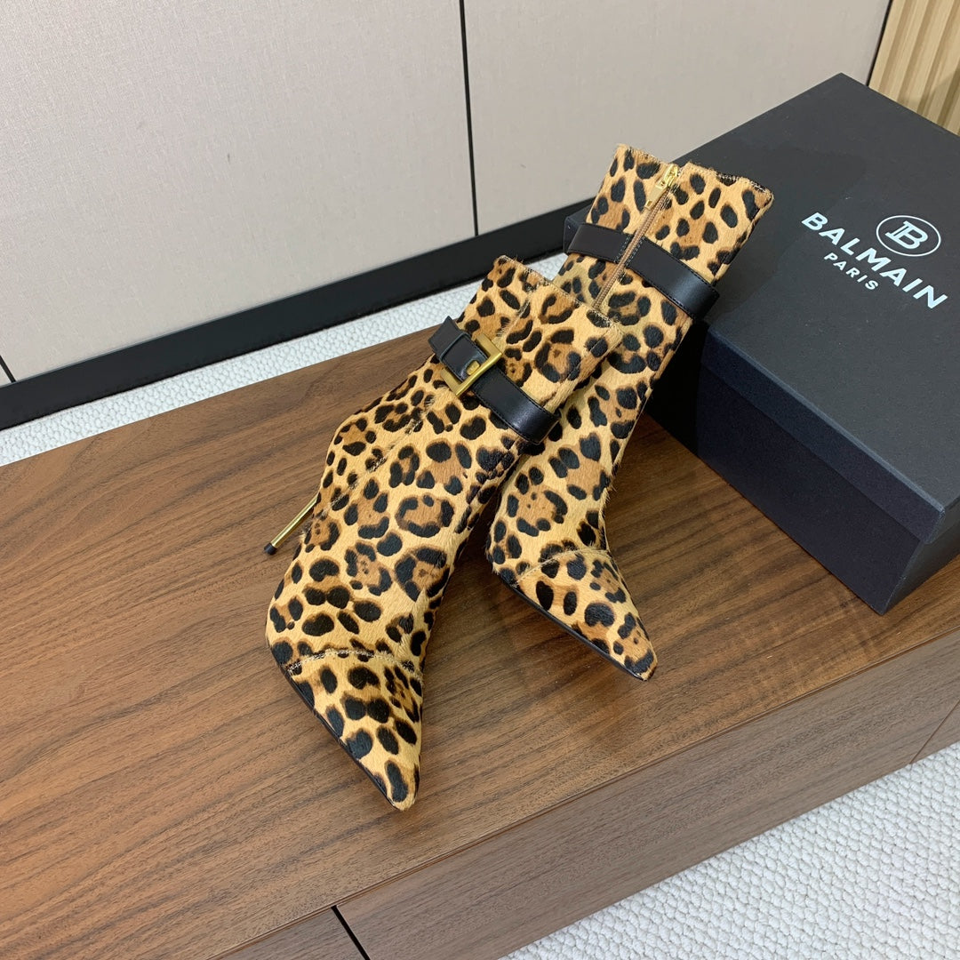 BALMAIN 26S BOOTS 95 MM IN LEOPARD PRINT PONY HAIR