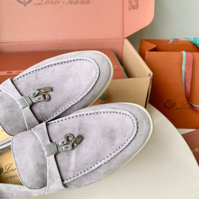 Loro Piana Light Grey Suede Summer Charms Walk Loafers