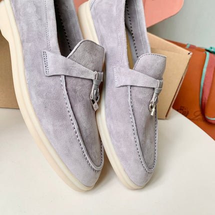 Loro Piana Light Grey Suede Summer Charms Walk Loafers