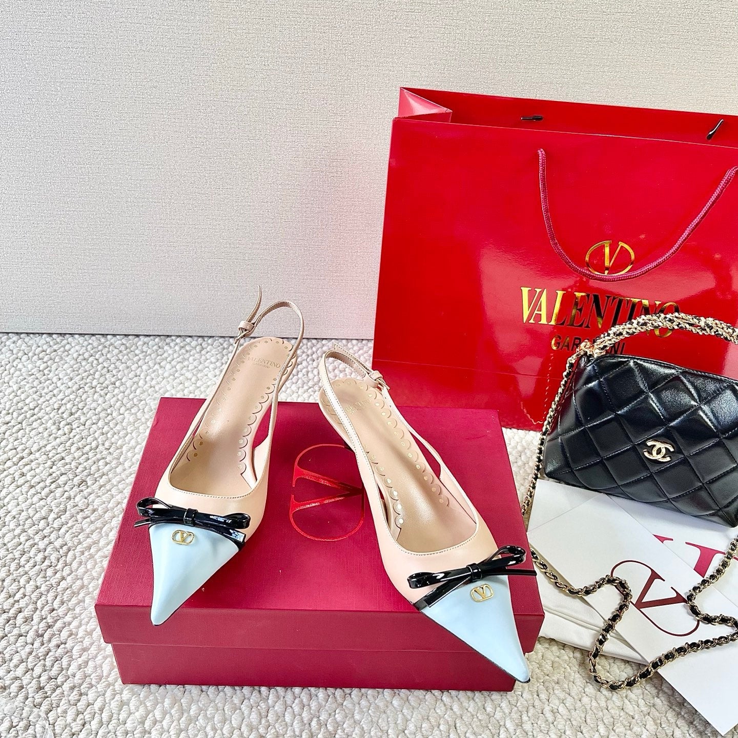 VLTN HIGH SLINGBACK 25S 40 MM IN SKY BLUE MIX NUDE LAMBSKIN WITH BOW