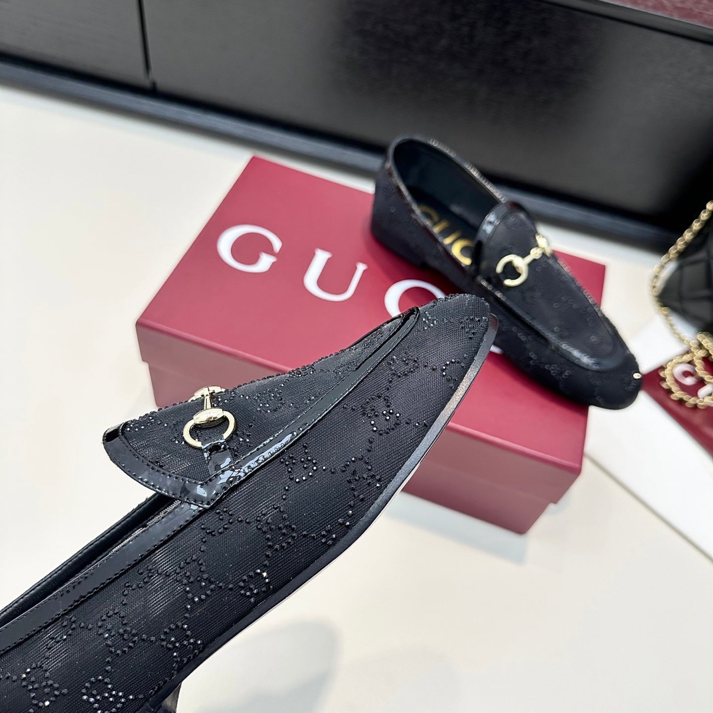 GUCCI HORSEBIT LOAFERS IN BLACK CRYSTAL MESH GOLD HARDWARE
