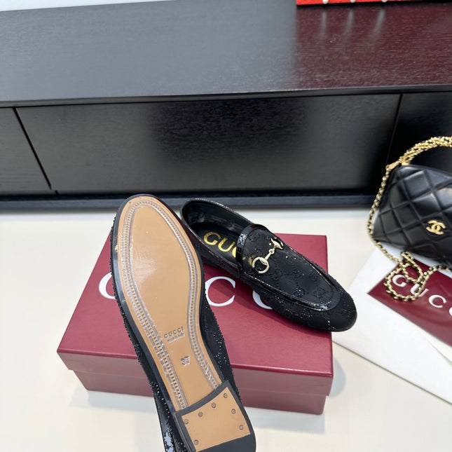 GUCCI HORSEBIT LOAFERS IN BLACK CRYSTAL MESH GOLD HARDWARE