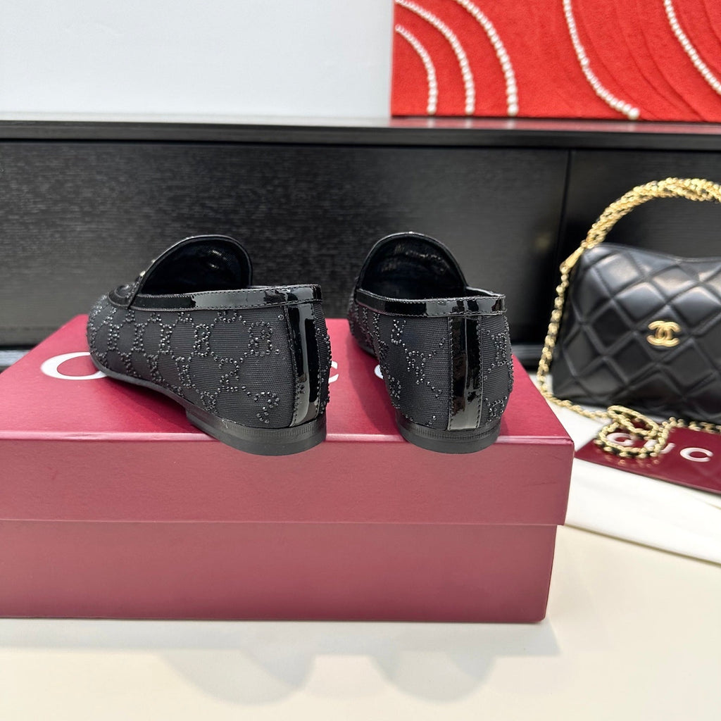 GUCCI HORSEBIT LOAFERS IN BLACK CRYSTAL MESH GOLD HARDWARE