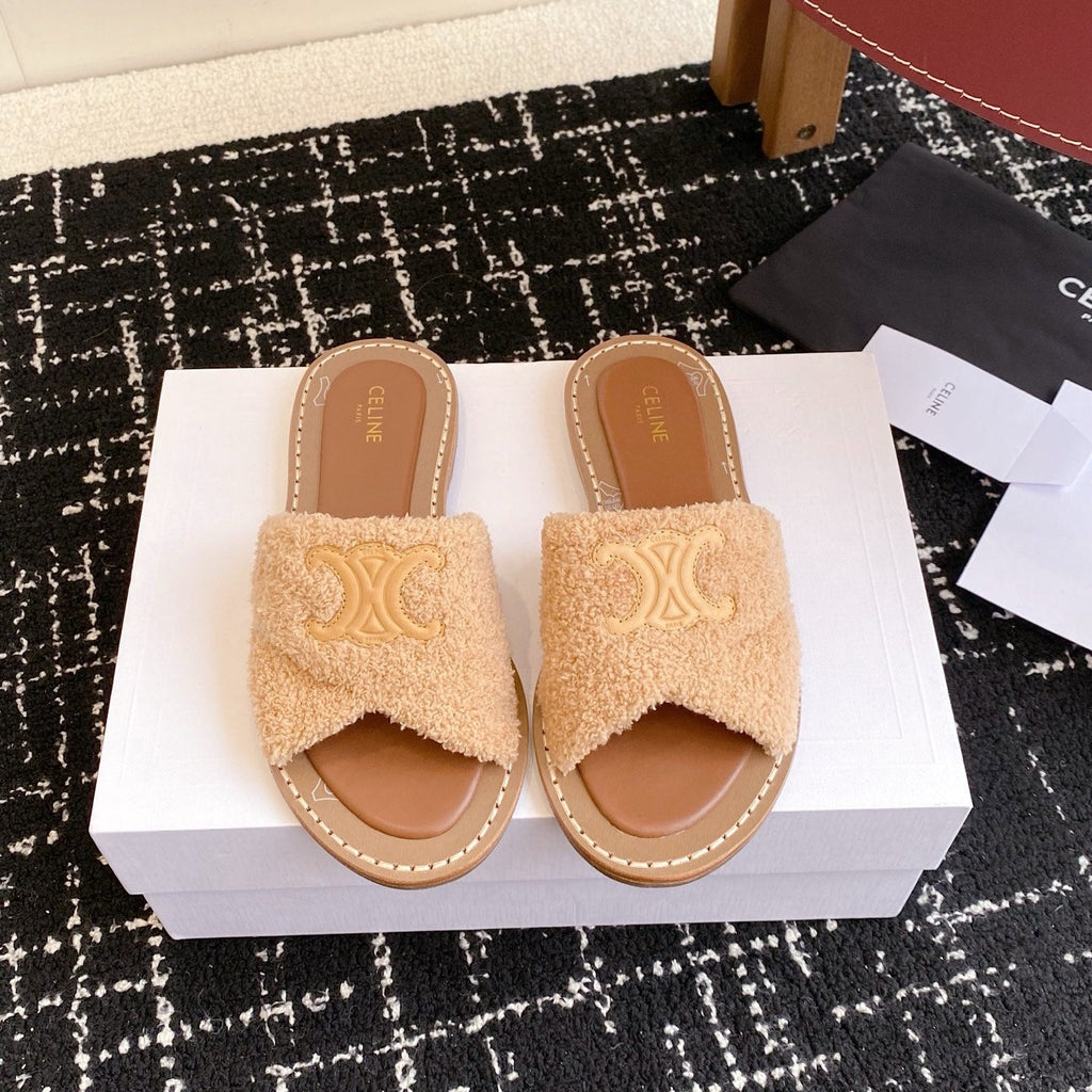 CELINE 26S TRIOMPHE FLAT SLIDES IN PEACH BEIGE WOOL